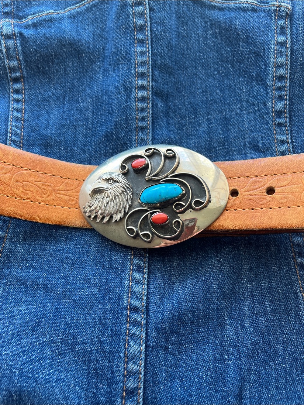 Navajo Silver eagle 84.Leather Western Belt with Turquoise & Coral Eagle Buckle